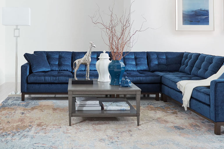 Dark Gray coffee table with blue couch